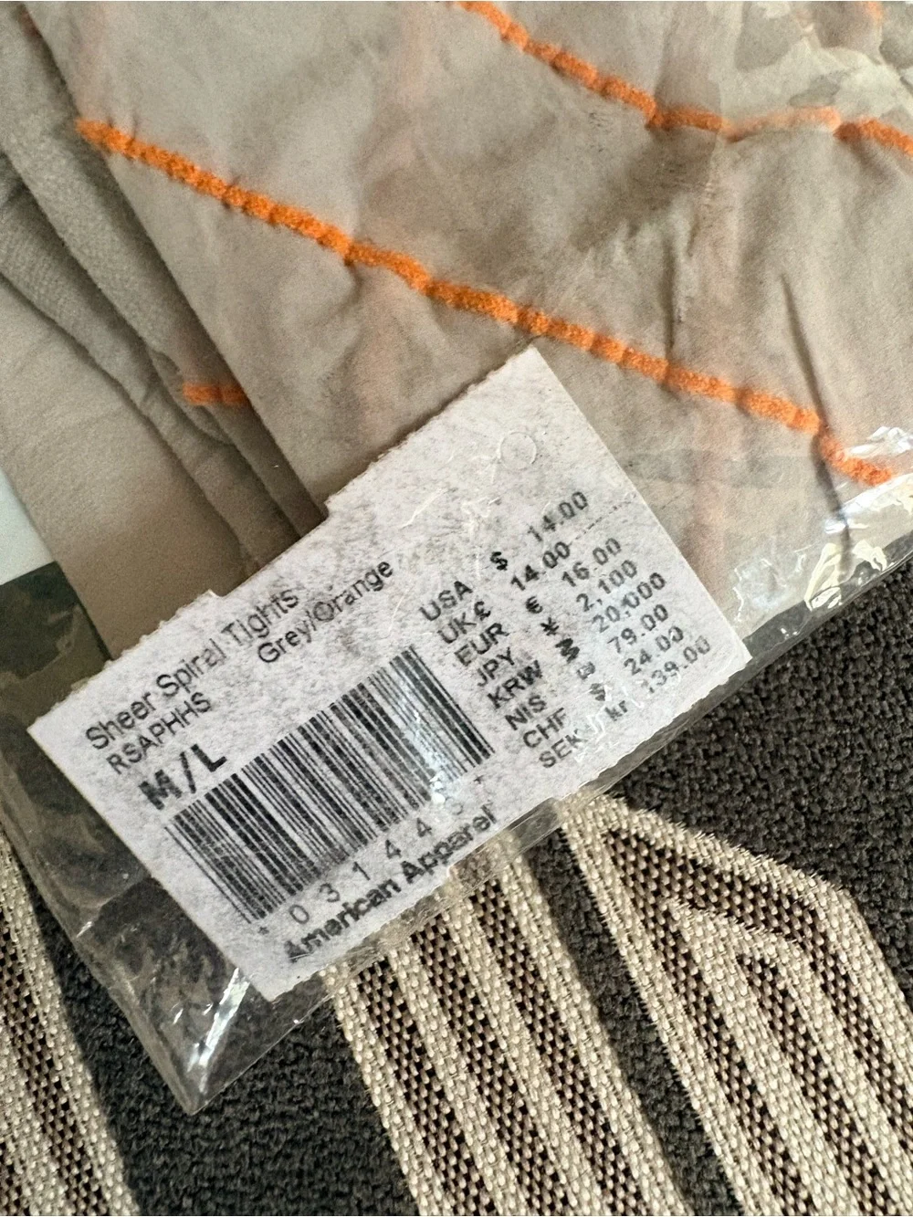 NEW American Apparel Gray Orange Sheer Spiral Tights Size M/L